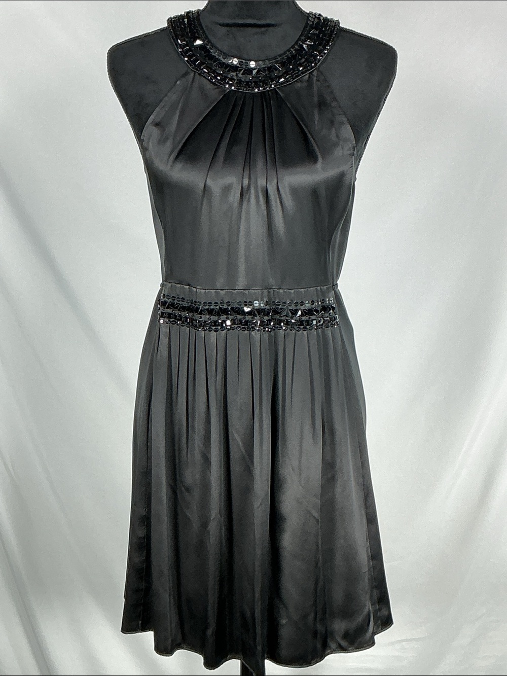 BCBGMAXAZRIA NWT Silk Halter Cocktail Dress Beaded Pleated Mini 8P Black LBD